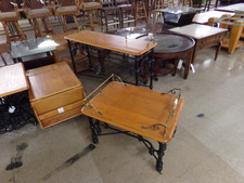 HALL LONG TABLE, with side table set.  Light wood on top of black steel, with brass accents on top.  
$118.80