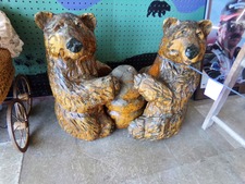 CARVED WOOD BEARS.  This display is 3 pieces.  2 bears and a honey bee hive. Estimated size is 30