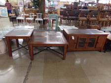 VERY ATTRACTIVE 3 PC livingroom set.  This stained pine is accented with slate rock tiles on top.  There is a side-bar cabinet, a 3' square coffee table, and a side table.  set
$156.70