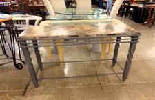 HALL TABLE  4 1/2 ft long.  Marble top is a patchwork design.  Metal framing 
$325.00