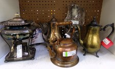 Antique servingware
Copper, brass and sterling!
Featured is brass and sterling coffee pot on right
$19.90